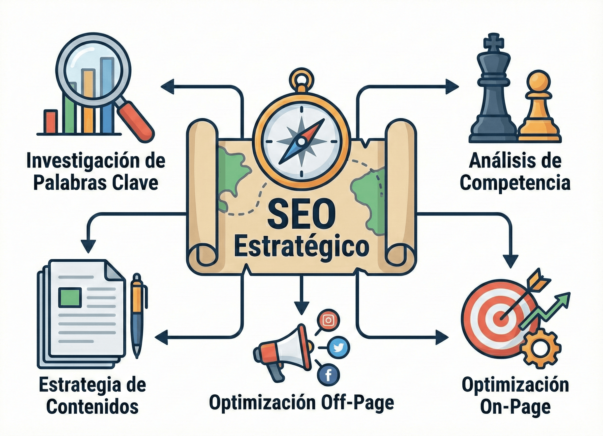 SEO estratégico con investigación de palabras clave, análisis de competencia y optimización integral